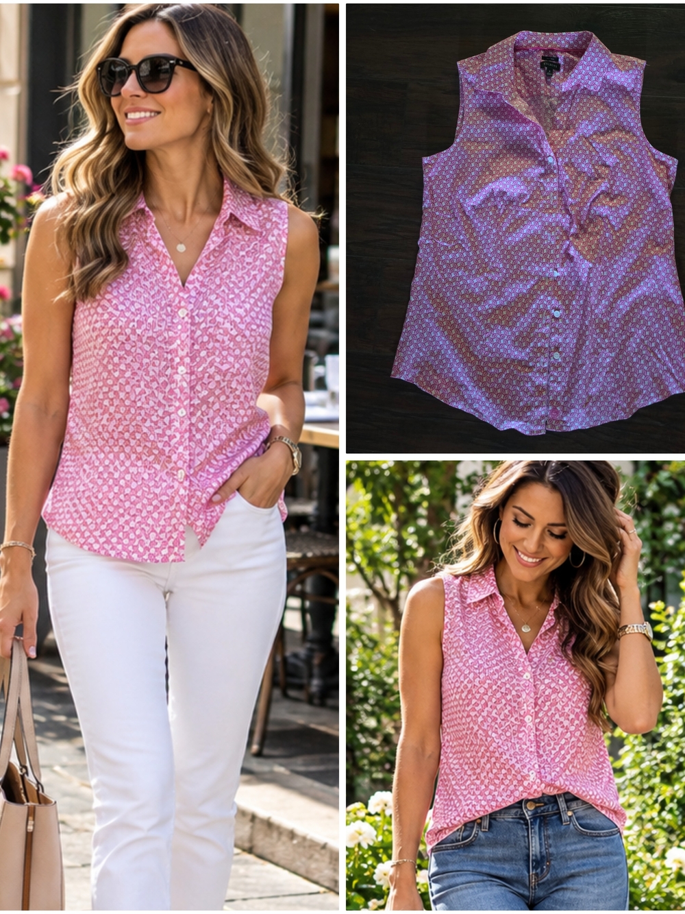 Talbots Pink Sleeveless Button-Down Printed Collared Tank